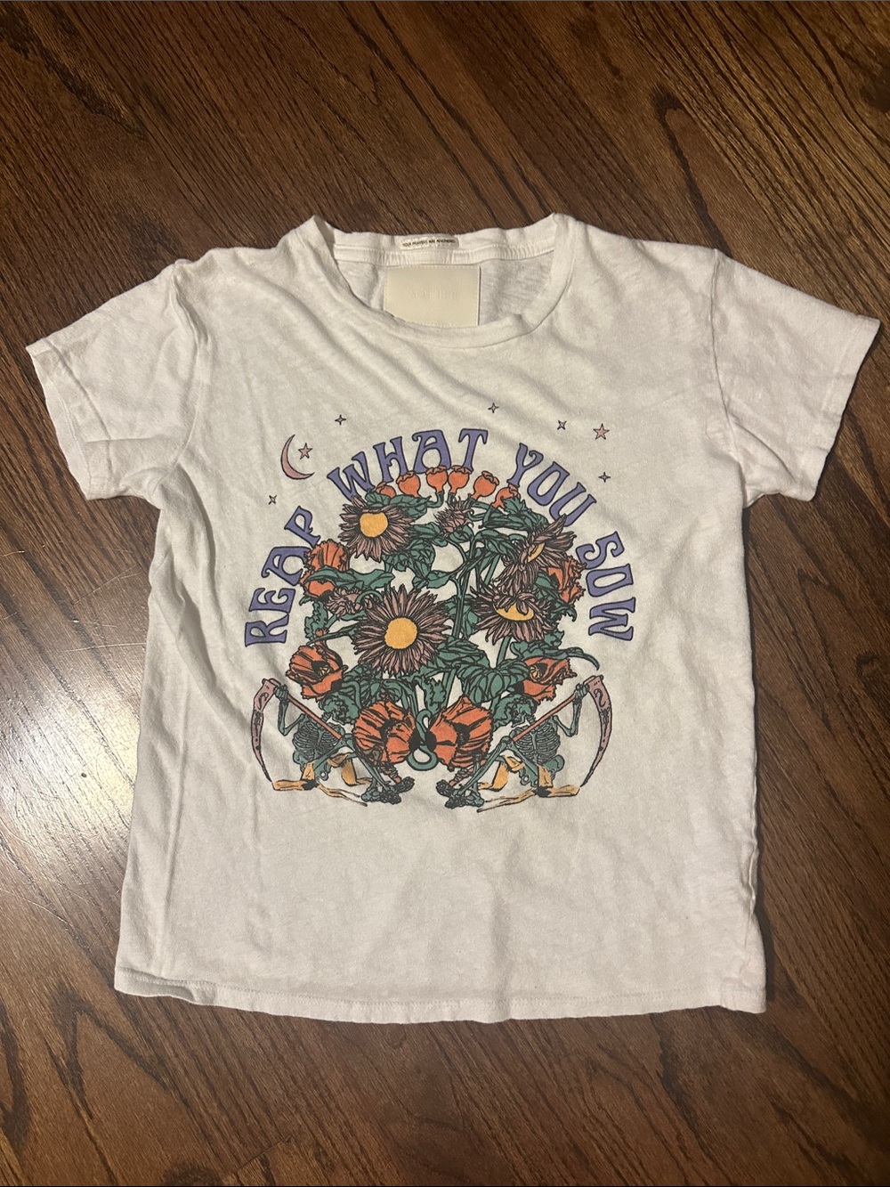 MOTHER White Graphic Tee - "Reap What You Sow" Floral Print